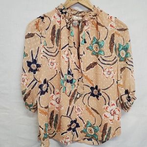 Joie tan floral tie neck blouse